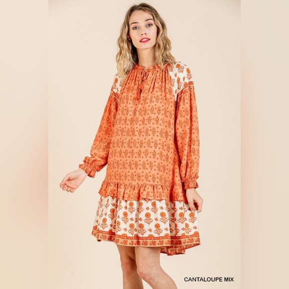 Umgee | Floral Long Puff Sleeve Keyhole Dress Ruffle Hem Tassel Tie Tiered Boho - Picture 3 of 16